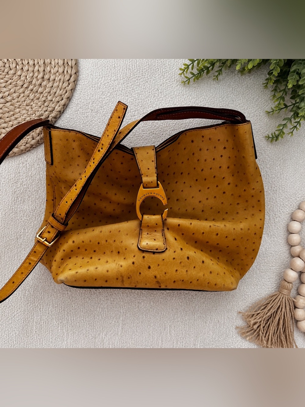 Dooney & Bourke Mustard Ostrich-Embossed Shoulder Bag with Ring Detail